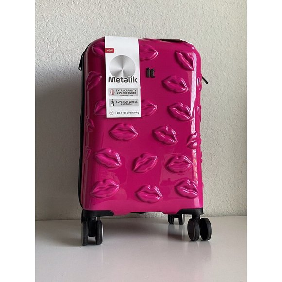 IT Luggage Smooch Kiss Hot Pink Hardside Suitcase Embossed 3D Lips 21” Spinner - Picture 1 of 16